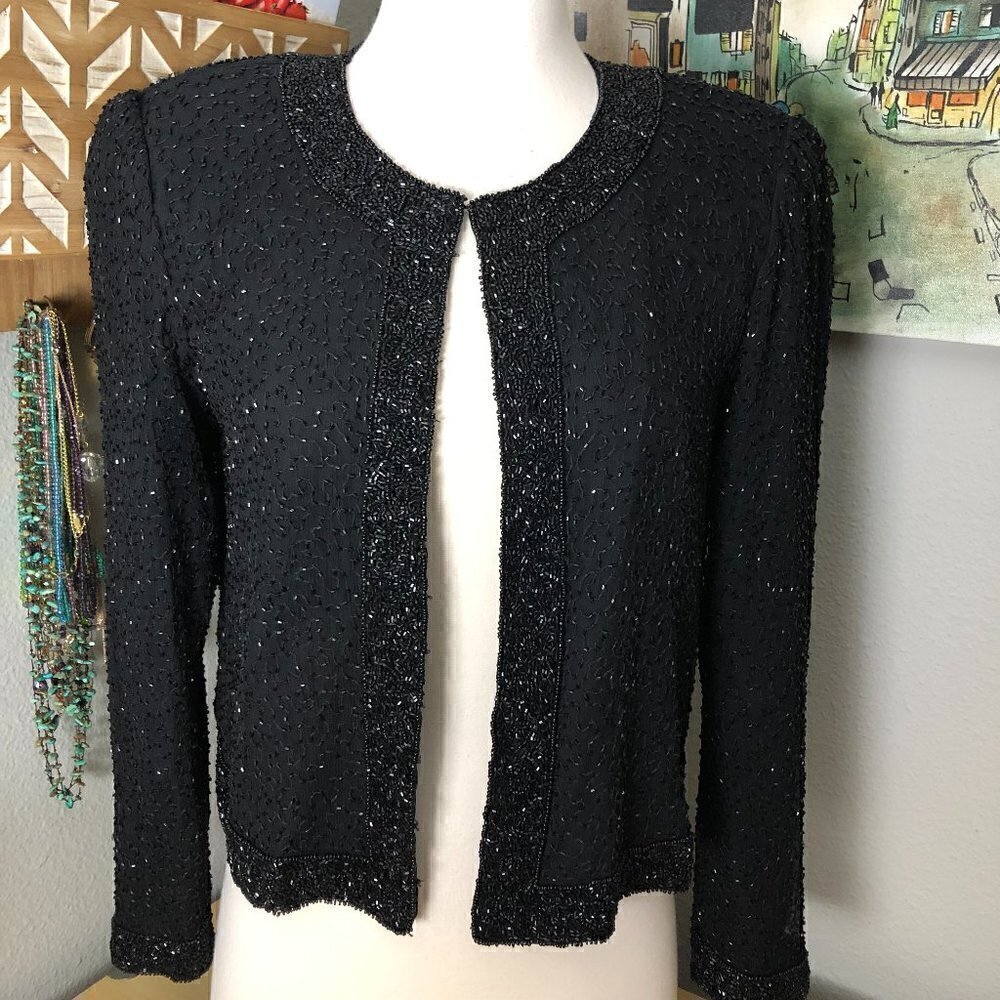 Vintage STEINAY Silk Cardigan Jacket Women's size S Black Beaded